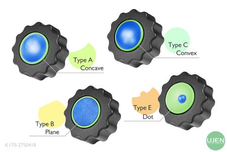 凹型、平面、凸型、ドットの4つの異なる形状のノブ