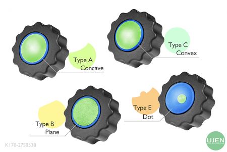 Cztery różne kształty (wklęsły, płaski, wypukły i kropka) z kształtowanymi pokrętłami