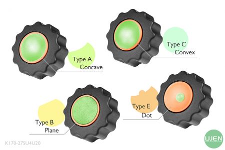 Cuatro formas diferentes (cóncava, plana, convexa y punto) con perillas moldeadas