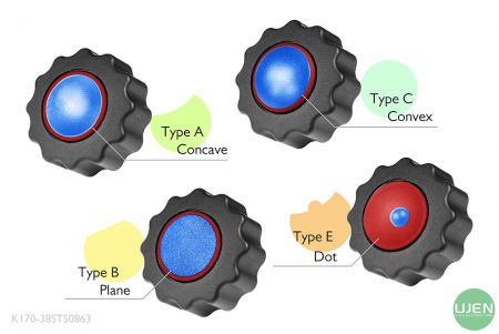 Cztery różne kształty (wklęsły, płaski, wypukły i kropka) z kształtowanymi pokrętłami