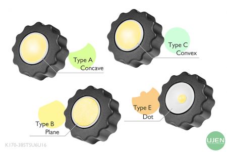 Empat bentuk berbeda (cekung, datar, cembung, dan titik) dengan knop berbentuk