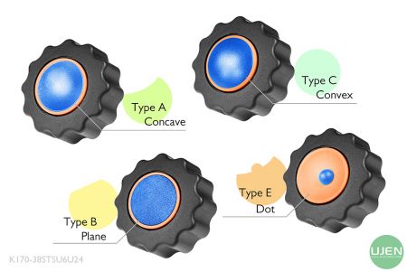 Empat bentuk berbeda (cekung, datar, cembung, dan titik) dengan kenop berbentuk