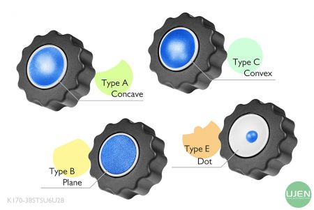 Empat bentuk berbeda (cekung, datar, cembung, dan titik) dengan kenop berbentuk