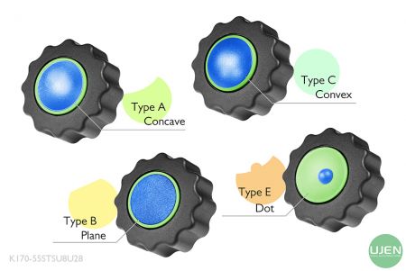 Čtyři různé tvary (konvexní, plochý, konkávní a tečka) s tvarovanými knoflíky