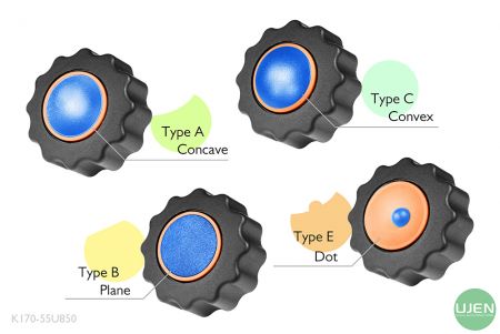 Empat bentuk berbeda (cekung, datar, cembung, dan titik) dengan tombol berbentuk