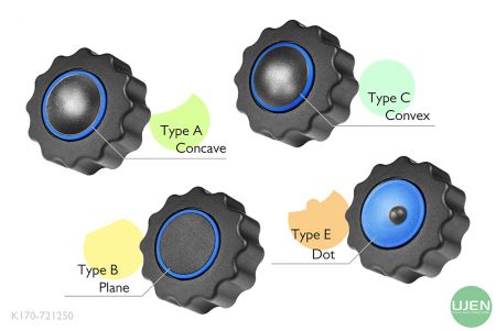 Cztery różne kształty (wklęsły, płaski, wypukły i kropka) z kształtowanymi pokrętłami