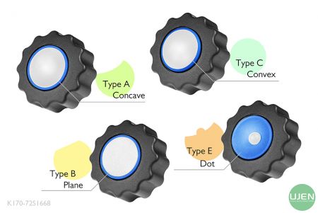 Four different shapes (concave, plane, convex and dot) with shaped knobs