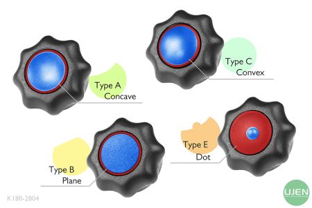 형태가 다른 네 가지 (오목, 평면, 볼록 및 점) 모양의 노브