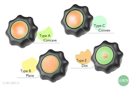凹型、平面、凸型、ドットの4つの異なる形状のノブがあります。