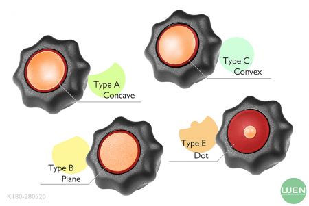 凹型、平面、凸型、ドットの4つの異なる形状のノブがあります。
