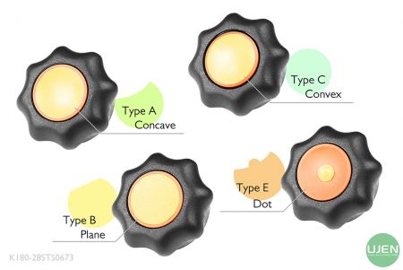 Vier verschiedene Formen (konkav, plan, konvex und Punkt) mit geformten Knöpfen