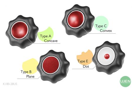 Cztery różne kształty (wklęsły, płaski, wypukły i kropka) z kształtowanymi pokrętłami