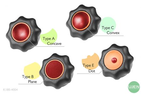 Empat bentuk berbeda (cekung, datar, cembung, dan titik) dengan knop berbentuk