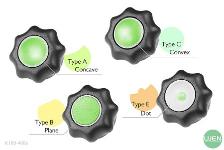 Empat bentuk berbeda (cekung, datar, cembung, dan titik) dengan knop berbentuk