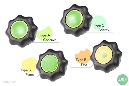 Čtyři různé tvary (konkávní, rovný, konvexní a tečka) s tvarovanými knoflíky