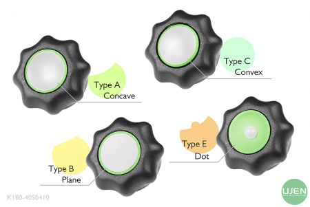 Fyra olika former (konkav, plan, konvex och prick) med formade knappar