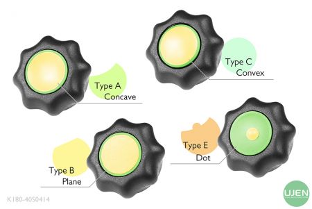 Fyra olika former (konkav, plan, konvex och prick) med formade knappar