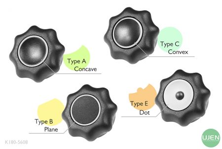 Čtyři různé tvary (konkávní, rovný, konvexní a tečka) s tvarovanými knoflíky