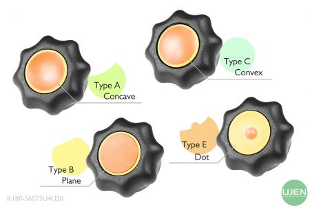 Cztery różne kształty (wklęsły, płaski, wypukły i kropka) z formowanymi pokrętłami
