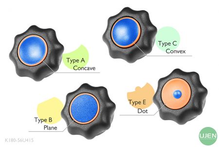 आकार के नॉब के साथ चार विभिन्न आकार (उभरे, समतल, अवतल और बिंदु)