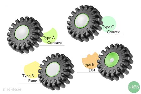 Quatre formes différentes (concave, plane, convexe et point) avec des boutons en forme.
