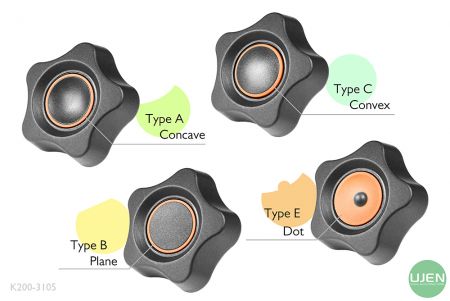 形状の異なる4つのタイプ(凹面、平面、凸面、ドット)と形状付きノブ