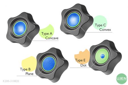 Four different shapes (concave, plane, convex and dot) with shaped knobs