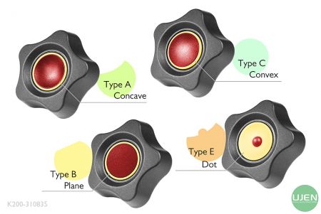 形状の異なる4つのタイプ(凹面、平面、凸面、ドット)と形状付きノブ