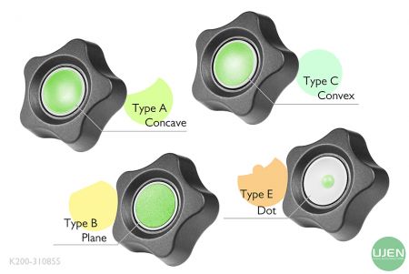 Four different shapes (concave, plane, convex and dot) with shaped knobs
