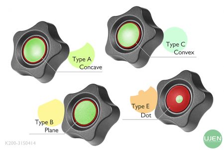 Cztery różne kształty (wklęsły, płaski, wypukły i kropka) z kształtowanymi pokrętłami
