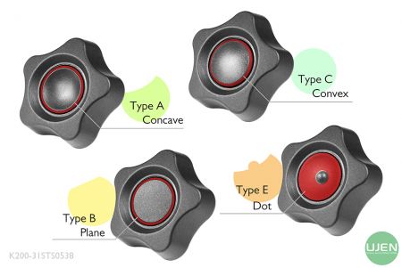 形状の異なる4つのタイプ(凹面、平面、凸面、ドット)を持つノブ