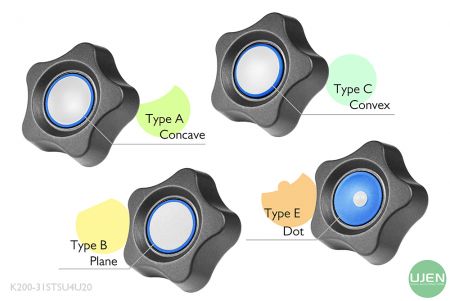 Four different shapes (concave, plane, convex and dot) with shaped knobs