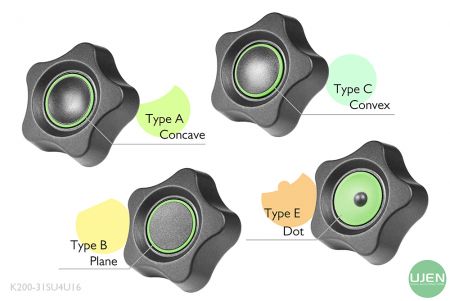 凹型、平面、凸型、ドットの4つの異なる形状のノブ