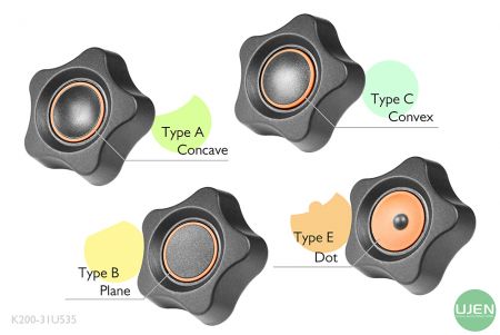 Quatre formes différentes (concave, plane, convexe et point) avec des boutons en forme.