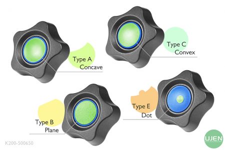 ארבע צורות שונות (קמור, שטוח, קעור ונקודה) עם כפתורים מעוצבים