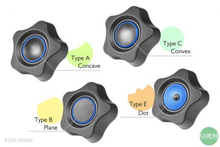 Four different shapes (concave, plane, convex and dot) with shaped knobs
