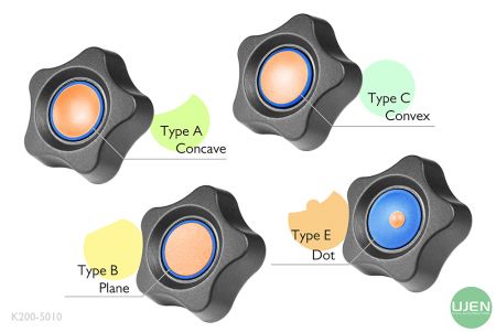 चार विभिन्न आकार (उत्क्षिप्त, समतल, उत्तल और बिंदु) आकार वाले नॉब के साथ