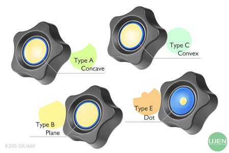 Quatre formes différentes (concave, plane, convexe et point) avec des boutons façonnés