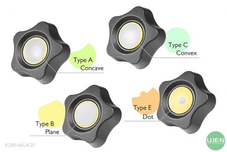 Quatre formes différentes (concave, plane, convexe et point) avec des boutons en forme.
