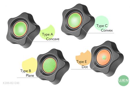 Cuatro formas diferentes (cóncava, plana, convexa y punto) con perillas moldeadas