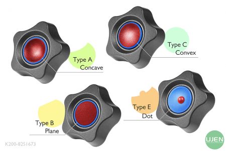Cuatro formas diferentes (cóncava, plana, convexa y punto) con pomos moldeados