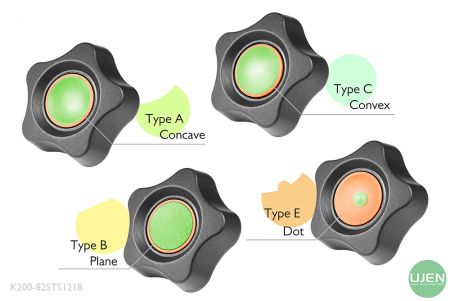 Cuatro formas diferentes (cóncava, plana, convexa y punto) con pomos moldeados