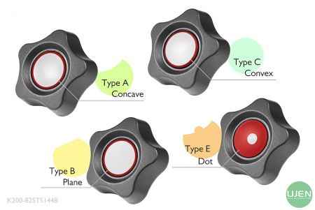 Cuatro formas diferentes (cóncava, plana, convexa y punto) con pomos moldeados