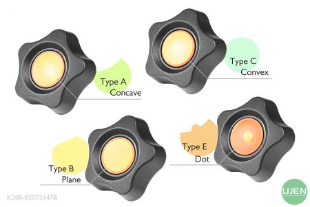 Cuatro formas diferentes (cóncava, plana, convexa y punto) con pomos moldeados