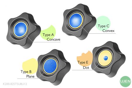 形状の異なる4つのタイプ（凹型、平面、凸型、ドット）と成形されたノブ