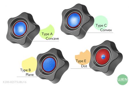 形状の異なる4つのタイプ（凹型、平面、凸型、ドット）と成形されたノブ