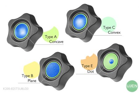形状の異なる4つのタイプ(凹型、平面、凸型、ドット)と成形されたノブ