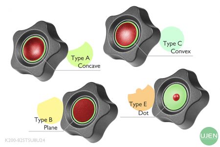 形状の異なる4つのタイプ（凹型、平面、凸型、ドット）と成形されたノブ