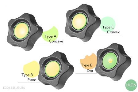 Quatre formes différentes (concave, plane, convexe et point) avec des boutons en forme.