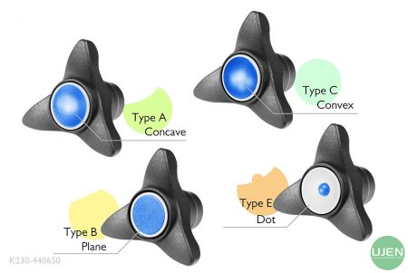 Cuatro formas diferentes (cóncava, plana, convexa y punto) con botones moldeados